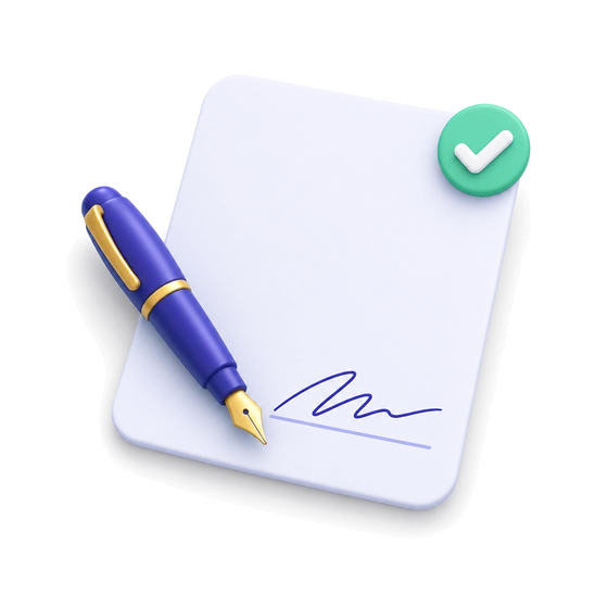 A signed sheet of paper with a pen