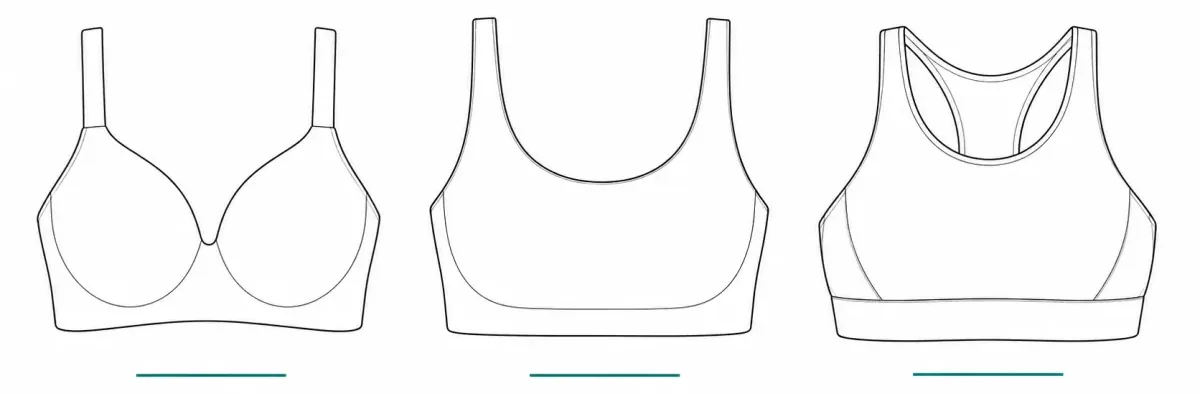Three wireless Knix bra styles side by side: a WingWoman Contour bra, a Revolution pullover bra, and a Catalyst active bra.