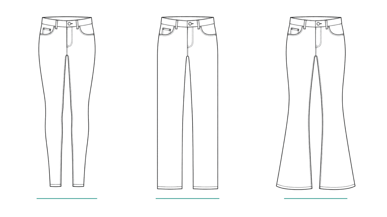 Three women's Levi's denim cuts side by side: a slim skinny jean, a straight-leg jean, and a flared bootcut jean.
