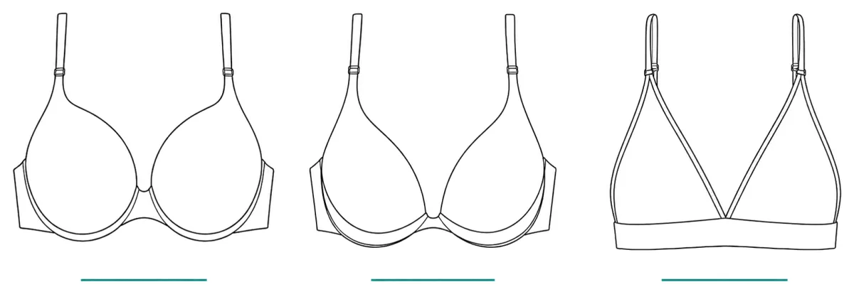 Three Victoria's Secret bra styles side by side: a smooth T-shirt bra, a padded Bombshell push-up, and a wireless triangle bralette.